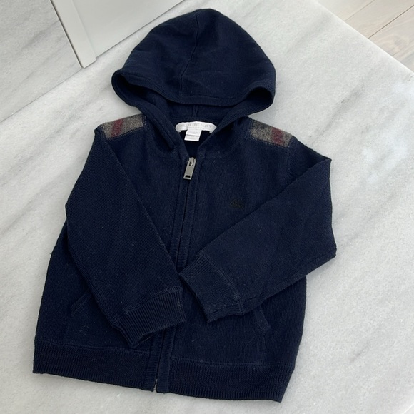 Burberry Children Extra Fine Merino Wool Navy Nova Check Zip Hoodie Sweater 9mo - Picture 3 of 11